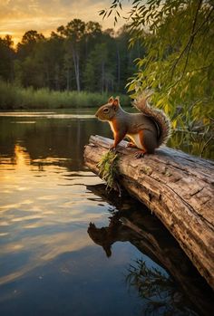 a squirrel is sitting on a log in the water