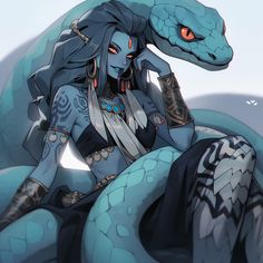 a woman sitting on top of a giant snake next to a blue dragon with red eyes