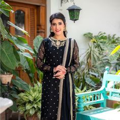 Black Pakistani Three Piece Dress With Gorgeous Embroidery On The Dress And A Stunning Embroidered Dupatta. The Pants Are Simple And The Sleeves Are Not Lined So Please Note If You’re Hijabi. It’s A Simple Dress But Can Be Worn Up Or Down. Brand New And Multiple Sizes Available. Black Semi-stitched Palazzo Set With Mirror Work, Fitted Black Salwar Kameez With Mirror Work, Black Anarkali Set With Sheer Dupatta And Long Sleeves, Festive Anarkali Black Churidar, Black Palazzo Set With Sheer Dupatta, Black Unstitched Sharara For Eid, Unstitched Black Sharara For Eid, Black Palazzo Set With Mirror Work For Navratri, Black Dabka Designer Palazzo Set