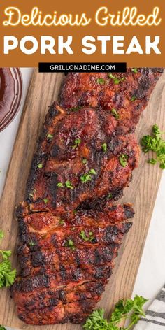 delicious grilled pork steak on a cutting board with parsley garnishes