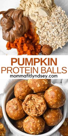 pumpkin protein balls in a bowl with chocolate and oatmeal on the side