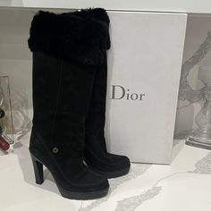 Dior Polaire -Winter Wonderland Softest Fur & Genuine Suede Knee High Winter Boots Black 37.5 Comes With Dior Boot Box !! Knee High Winter Boots, High Winter Boots, Winter Boots Black, Dior Boots, Knee High Boots Winter, Suede Knee High Boots, Suede Boots Knee High, Dior Shoes, Boots Black