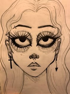 a drawing of a woman's face with big eyes and piercings on her nose