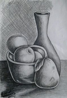 a drawing of apples in a bowl and a vase with one apple on the table