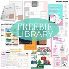 there is a poster with the words freebie library on it and many other items