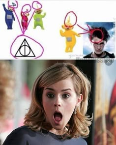 a woman with her mouth open in front of an image of the harry potter character