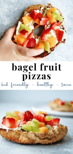 the bagel fruit pizza is made with fresh fruit and cream cheese, then topped with whipped cream