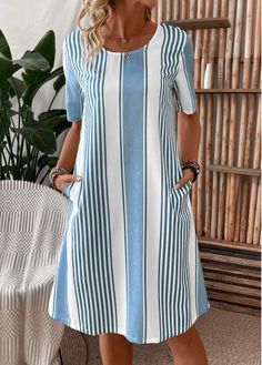 Color:Light Blue;Size:S;Size:M;Size:L;Size:XL;Size:XXL;Package Contents:1 X Dress;Occasion:Other;Style:Casual; Ladys Dresses, Casual Printed Dresses, Printed Dresses For Women, Dresses With Tennis Shoes, Knee Length Dresses Casual, Simple Dress Pattern, Geometric Clothing, New Blouse Designs, Light Blue Shorts