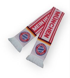 two scarfs with the words men's soccer on them, one is red and white