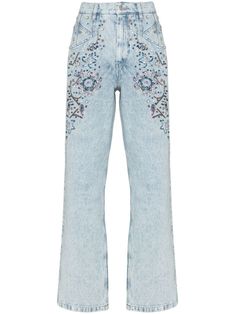 floral-embroidered straight-leg jeans from ISABEL MARANT featuring light blue, purple, cotton, bead embellishment, sequin embellishment, belt loops, front button and zip fastening, classic five pockets and straight leg. | Isabel Marant Floral-Embroidered Straight-Leg Jeans Luxury Jeans For Women, Isabel Marant Embroidery, Isabel Marant Jeans, Embroided Jeans, Crystal Jeans, Beaded Jeans, Luxury Jeans, Look Boho Chic, Rich Clothes