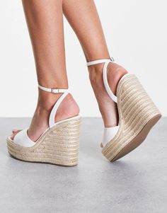 Wedges.by.ASOS DESIGN.Hit new heights.Pin-buckle ankle strap.Peep toe.Rope midsole.Platform sole.High wedge heel.Product Code: 109693806 White Ankle Strap Wedge Sandals For Spring, White High Heel Espadrilles For Spring, Chic White High Heel Espadrilles, White Wedge Sandals With Heel Strap For Spring, White High Heel Espadrilles For Summer, Summer White Platform Espadrilles, White Ankle Strap Wedge Sandals With Buckle Closure, White Wedge Sandals With Buckle Closure, White Wedge Sandals With Ankle Strap And Buckle Closure