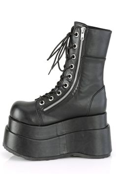 These mid-calf platform boots feature a chunky platform sole and inner and outer zip closure. Lace-Up Front Vegan Tiered platform Heel/Platform 4 1/2 inch U.S women's sizing-check the size chart for more info Hologram Shoes, Emo Boots, Demonia Boots, Alternative Shoes, Goth Boots, Demonia Shoes, Vegan Leather Boots, Black Platform Boots, High Heel Boots Knee