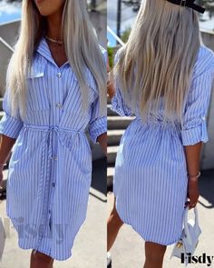 Fisdy - Stylish Striped Shirt Dress with Roll-Up Sleeves Button Up T Shirt, Long Sleeve Button Up Dress, Shirt Dress Short, Oversized Striped Shirt, Button Up Shirt Dress, Shirt Dress Long, Striped Shirt Dress, Printed Shirt Dress, Striped Long Sleeve Shirt