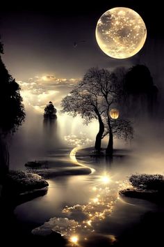 the moon is shining brightly in the night sky over a river with trees and water