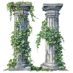 two stone pillars covered in green ivy