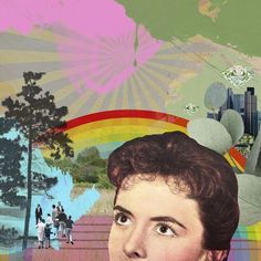 a collage of people, trees and rainbows in the background with an image of a woman's face