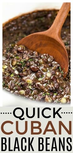 black beans in a pot with a wooden spoon and text overlay that reads quick cuban black beans