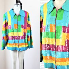 "This is deadstock with tags and extra beads and sequins and it is in Excellent condition! This is a plus size piece and is beautiful!! the colors are fabulous and this is a jacket you can use again and again..and it will make you happy Measuring: 25\" length Width: 50\" Sleeves: 25\" Pet Free/smoke free Enjoy!" Summer Sequined Long Sleeve Outerwear, Sequined Long Sleeve Summer Outerwear, Fall Multicolor Embellished Tops, Multicolor Sequin Tops For Fall, Multicolor Sequined Outerwear For Fall, Fitted Multicolor Sequined Outerwear, Vintage Sequin Jacket, Coachella Vibes, Vintage Bob