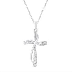 Loop Cross Pendant in 10K White Gold White Diamond Cross Necklace With Diamond Cut, White Diamond Cross Necklace With Accents, White Diamond Accents Cross Necklace As Gift, White Diamond Cross Necklace, White Cross Necklace With Diamond Accents As Gift, White Cross Necklace With Diamond Accents For Gift, White Cross Necklace With Diamond Accents, White Diamond Cross Pendant Necklace For Anniversary, White Diamond Necklace With Cross Pendant For Anniversary