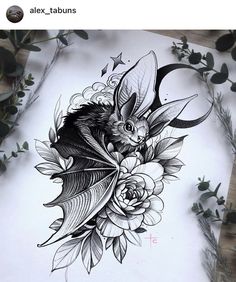 a drawing of a bat with flowers on it's back and leaves around it