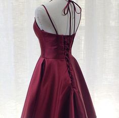 Red A-line Satin Dress For Prom, Burgundy Satin V-neck Dress, Burgundy Satin Dress For Prom Season, Burgundy Satin Prom Dress, Elegant Burgundy Dress For Homecoming, Red Satin V-neck Party Dress, Burgundy A-line Mini Dress For Evening, Denver, Satin