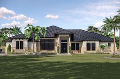 this is an artist's rendering of the front elevation of a house with palm trees