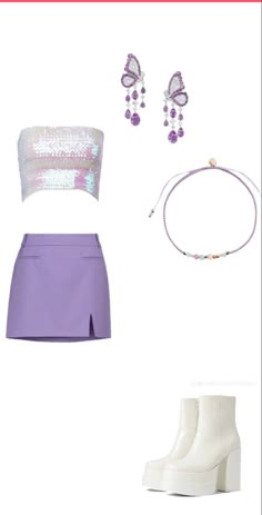 a purple skirt, crop top and ankle high boots are featured in this fashion post