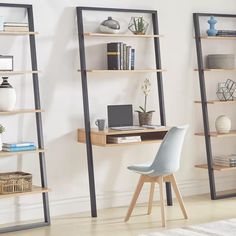 a desk and chair in a room with bookshelves