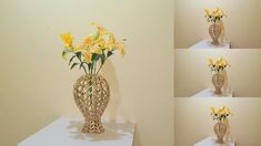 there are four pictures of the same vase with flowers in it