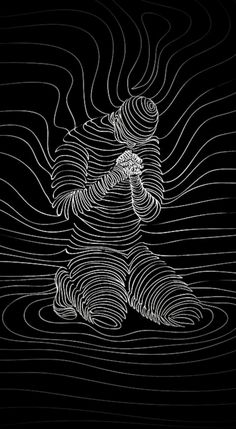 an abstract black and white drawing with wavy lines in the shape of waves on a dark background