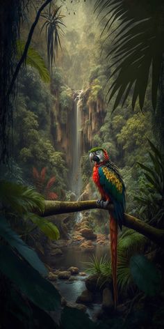 a colorful bird perched on top of a tree branch in front of a waterfall and jungle