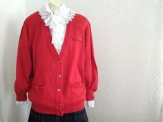 80s vivid red cardigan, 46 size, preppy red cardigan, deep V-neck cardigan, minimalist basic cardigan, bright red spring cardigan, soft acryl sweater. Golden buttons normal discoloration probably because of age. Dont have pile GOOD VINTAGE CONDITION BUT THE ITEM IS NOT DRY CLEAN. Measurements laying flat : shoulders :53 cm (21 inches) bust:59 cm (23 inches) total lenght:70cm (27,5 inches) Spring Cardigan, Spring Cardigans, Basic Cardigan, Red Cardigan, V Neck Cardigan, Jumpers And Cardigans, Deep V Neck, Bright Red, Cardigans For Women