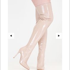 Nude Over The Knee Faux Patent Leather Boots! Not From Said Brand. Feel Free To Make An Offer. Baggy Tee, Thigh High Suede Boots, Patent Boots, Shoes Hack, Patent Leather Boots, Long Story, Pointed Toe Boots, Stiletto Boots, Toe Boots