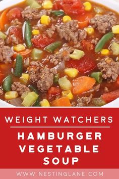 a bowl of hamburger vegetable soup with the words weight watchers hamburger vegetable soup