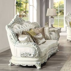 Step into the lap of luxury with the Adara Loveseat with 5 Pillows—a masterpiece that seamlessly merges sumptuous comfort with the opulence of Rococo design. Carefully crafted to transcend the ordinary loveseat, it emerges as an emblem of refined living, reshaping your living space into a sanctuary of enduring elegance and tranquility. White Living Room Set, Sofa White, Inspire Me Home Decor, Acme Furniture, White Chair, Living Room Collections, White Living Room, White Sofas, Green Rooms