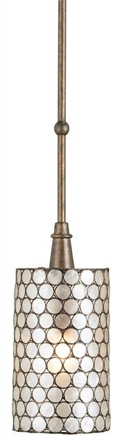 a small light fixture with a white and silver mosaic pattern on the shade, hanging from a