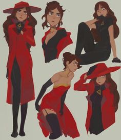 some very pretty women in red and black outfits, with hats on their heads or shoulders