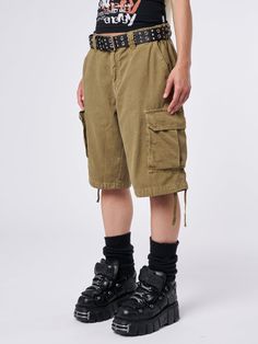 Go all out cargos this summer with our Issa Beige Long Cargo Shorts. Shop Minga London for streetwear styles, alt outfits and Y2K inspired pieces. International shipping available and students get 15% off. Cargo Shorts Men Outfits, Tucked In Shirt Outfit, Cargo Shorts Outfits Women, Charity Shopping, Long Cargo Shorts, Cargo Shorts Outfit, Summer Fits Men, Cargo Outfit, Types Of Shorts