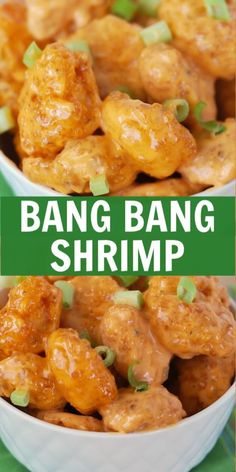 two bowls filled with chicken and sauce on top of a green table cloth next to the words bang bang shrimp