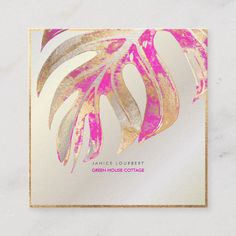 a pink and gold foil palm leaf on a white marble background with the words, green house cottage