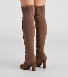 These fitted over-the-knee boots are so effortlessly chic. They feature an almond-shaped toe. a block heel. and an inner zipper closure. The boots are composed of a half faux suede and half stretchy knit composition. Style with a sweater dress and a trendy boater hat.Fit & Features Over-the-knee fitted design Almond-shaped toe Block heel Partial inner zipper closure Half faux suede and half stretchy knit composition Runs true to size Brown Knee-high Heeled Boots With Zipper Closure, Brown Knee-high Heeled Boots With Zipper, Trendy Knee-high Boots With Zipper For Fall, Fall Over-the-knee Boots With Zipper Closure, Trendy Wide Calf Over-the-knee Boots, Knee-high Heeled Boots With Zipper Closure, Thigh High Heeled Boots With Zipper For Winter, Trendy Wide Calf Over The Knee Boots, Winter Thigh-high Heeled Boots With Zipper