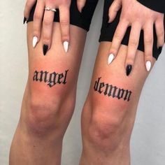 Script Knee Tattoo, Gothic Words Tattoo, Above Knee Script Tattoo, Bitter Sweet Tattoo, Rebellious Tattoos, Tattoo Word Ideas, Made In Hell Tattoo, Over Knee Tattoo, Arm Tattoo Ideas For Women