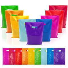 six different colors of plastic bags with handles