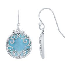 Make a statement with these gorgeous sterling silver larimar filigree drop earrings. Make a statement with these gorgeous sterling silver larimar filigree drop earrings.Click on this JEWELRY & WATCHES GUIDE to learn about fit, styles, materials and more! Length: 1 in. Backings: Frenchwire Metal: sterling silver Plating: rhodium Finish: polished Packaging: boxedSTONE DETAILS Stone type: larimar Total weight: 5 ct. Shape: round Setting: bezel Gemstones may have been treated to enhance their appear Elegant Larimar Dangle Earrings, Elegant Larimar Jewelry, Elegant Turquoise Larimar Jewelry, Elegant Round Larimar Jewelry, Silver Larimar Dangle Jewelry, Silver Larimar Dangle Earrings, Gender Female, Jewelry Earrings Dangle, Jewelry Watches