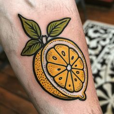 Illuminated Lemon Tattoo Kit Mini Traditional Tattoo Flash, Flower Knee Tattoos Women, Traditional Lemon Tattoo, Nature Flash Tattoo, Lemon Experiment, American Traditional Tattoos Color, Lemon Tattoo, Fruit Tattoo, Food Tattoos