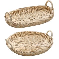 two oval wicker baskets with handles on each side, one is empty and the other has