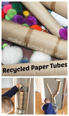 a collage of photos showing how to make a simple ball run with recycled paper tubes