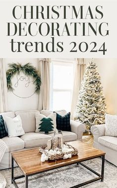 a living room decorated for christmas with the words christmas decor trendss 2020 on it