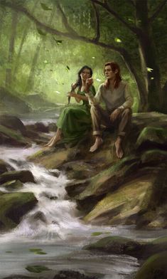 two people sitting on rocks in the woods next to a stream and trees with leaves flying around