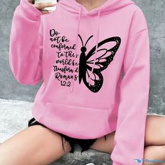 Orcajump - Butterfly & Letter Print Drawstring Hooded Sweatshirt, Long Sleeves With Pocket Casual Hoodie, Women's Clothing Hoodie Women, Printed Drawstring, Casual Hoodie, Letter Print, Hooded Sweatshirt, Letter Prints, Hooded Sweatshirts, Women's Clothing, Long Sleeves